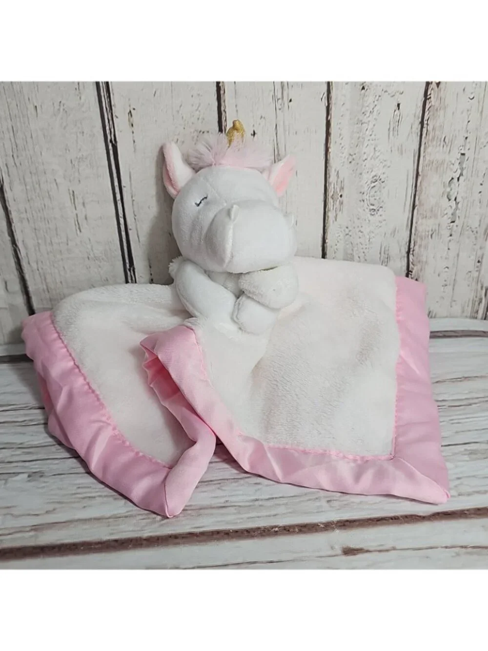 Carters White Unicorn Plush Pink Satin Trim Security Blanket Lovey Gold Horn